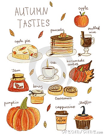 Set of Cute cakes, pies, tea, honey, pumpkin, jam, coffee, cinnamon and cookies. Cartoon Illustration