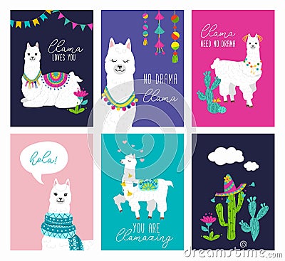 Set of cute card with alpacas. Inspirational llamas posters with colorful design and inspirational quotes. Llama loves you. No Vector Illustration