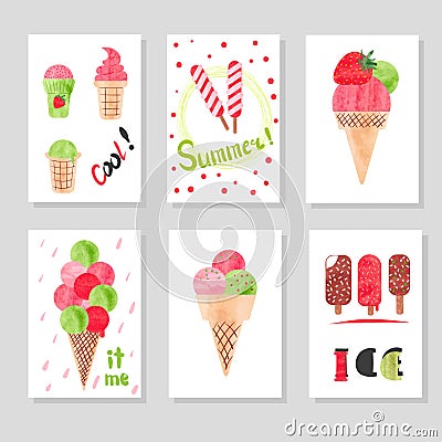 Set of cute card templates with watercolor ice cream for design. Vector Illustration