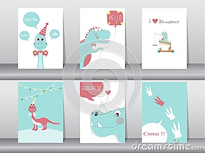 Set of cute cards,poster,template,greeting cards,animals,dinosaurs,Vector illustrations Vector Illustration