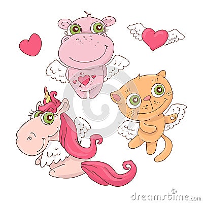 Set of cute cartoon animals angels for Valentine s Day with accessories. Vector illustration. Vector Illustration