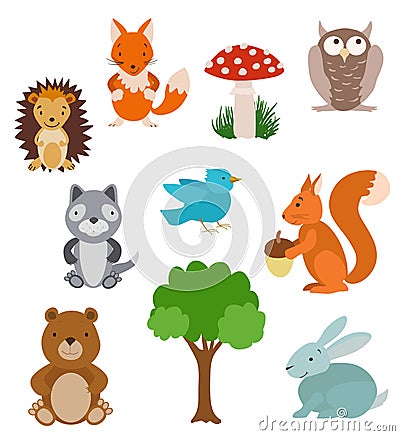 Set of cute cartoon animals. Forest collection with tree Vector Illustration