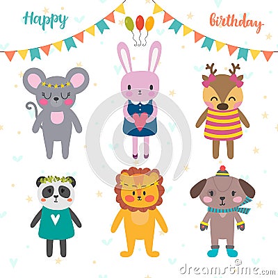 Set of cute cartoon animals for Happy Birthday design. Funny background Vector Illustration