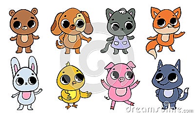 Set of cute cartoon animals. Kawaii pets, wild and farm animals Vector Illustration