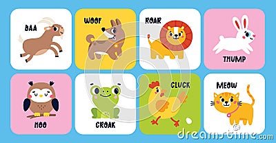 Set of cute cartoon Animals making sounds. Education cards for baby. Animal Talk Cards. Onomatopoeia Vector Illustration