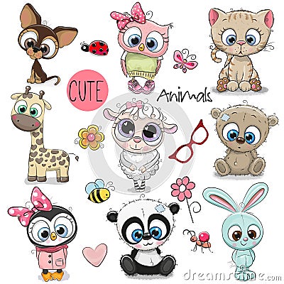 Set of Cute Cartoon Animals Vector Illustration