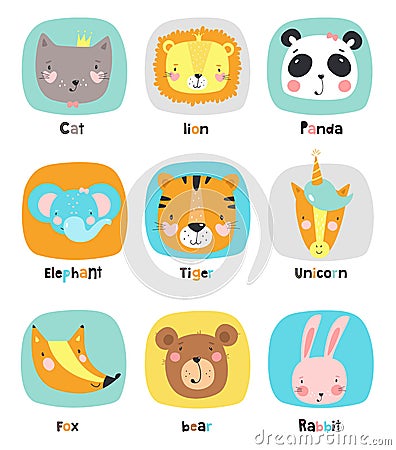 Set of cute cartoon animals. Vector Illustration