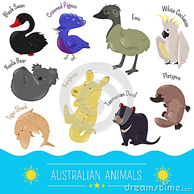 Set of cute cartoon australian animal icon Cartoon Illustration