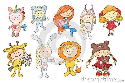 Set of Cute Cartoon Babies in hats of different animals Vector Illustration