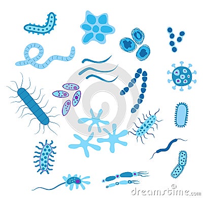A set of cute cartoon bacterias. Microbiological virus and contagion infection bacteria set flat drawing, microbes and Vector Illustration