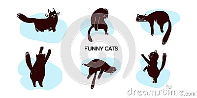 Set of cute cartoon black cats in different poses. sitting, walking, resting.vector illustration on a white background Vector Illustration