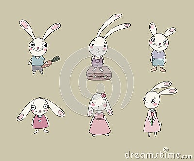 Set of cute cartoon bunny. Vector Illustration