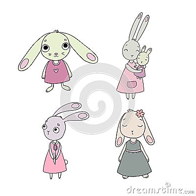 A set of cute cartoon bunny girls. Beautiful rabbits in dresses. Little hares. objects on white background. Vector Illustration