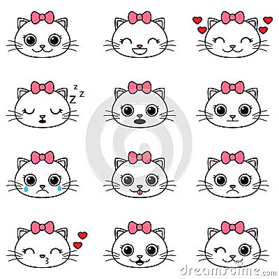 Set of cute cartoon cat emoticons Vector Illustration