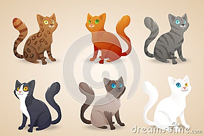 Set of cute cartoon cats with different colored Vector Illustration