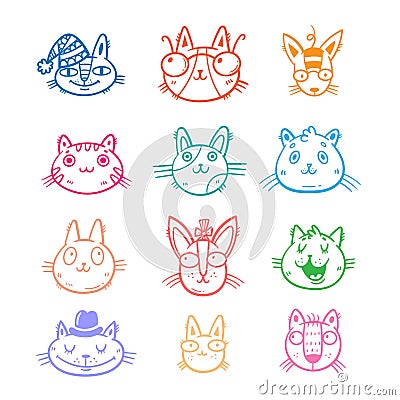 Set with cute cartoon cats. Funny animals collection. Doodle kittens print. Vector feline sticker pack. Vector Illustration
