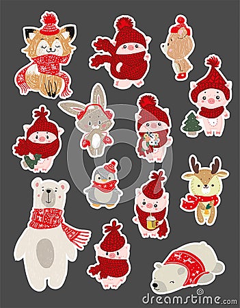 Set of cute cartoon character illustration for christmas and new year celebration. Winter woodland animals in a scarf snd hat. Vector Illustration