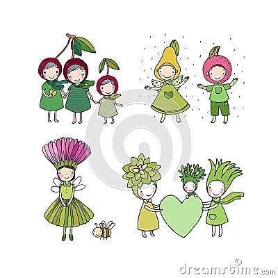 Set with cute cartoon characters. Funny cherries, fruits and succulents. Fairy-tale heroes. Summer history Vector Illustration