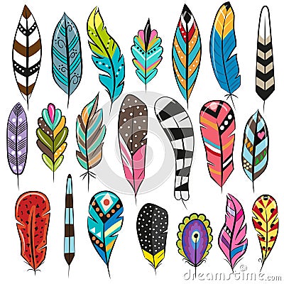 A Set of Cute Cartoon Colored Feathers Vector Illustration