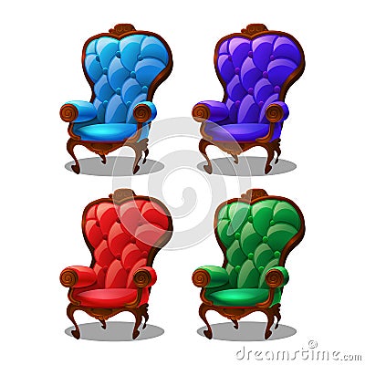 Set of cute cartoon colored vintage armchairs isolated on white background. Vector Illustration