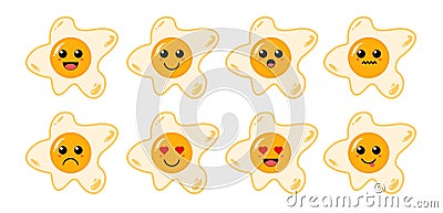 Set of cute cartoon colorful sunny side up egg with different emotions. Funny emotions character collection for kidsr Vector Illustration