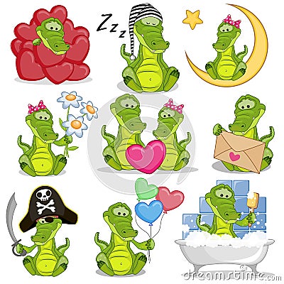 Set of Cute Cartoon Crocodile Vector Illustration