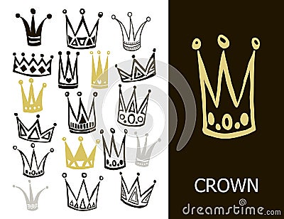 Set of cute cartoon crowns. Hand drawing background. Bright colors. Cartoon Illustration