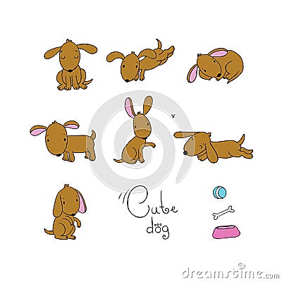 Set of cute cartoon dogs. Vector Illustration