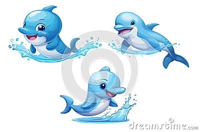 Set of cute cartoon dolphin. Vector illustration isolated on white background. Vector Illustration