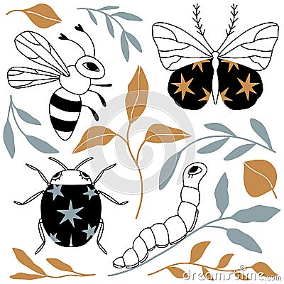 Set with cute cartoon doodle insects and leaves Vector Illustration