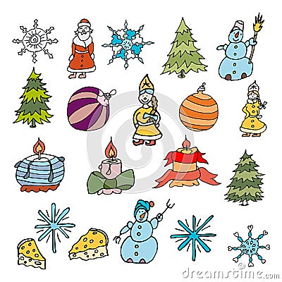 Set of cute cartoon drawings on New Year Vector Illustration