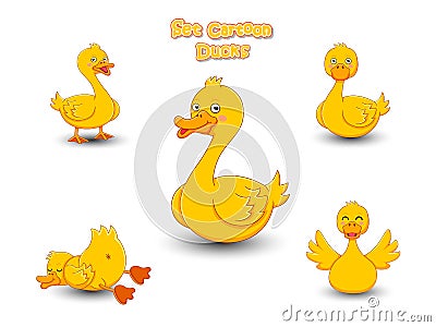 Set Cute Cartoon Ducks Characters. Vector illustration With Cartoon Funny Animal Frame Vector Illustration