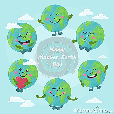 Set of cute cartoon Earth globe with emotions Cartoon Illustration