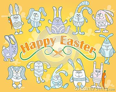Image with set of cute cartoon Easter bunnies on yellow background, illustration for Easter holiday Vector Illustration