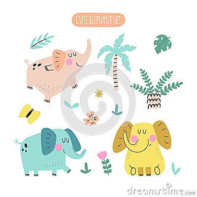 Set of cute cartoon elephants Vector Illustration
