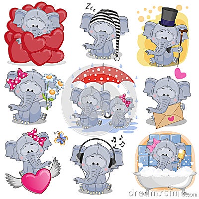 Set of Cute Cartoon elephants Vector Illustration