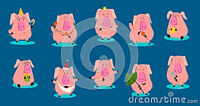 Set of cute cartoon emotional pink pig characters. Vector illustration Stock Photo