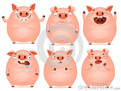 Set of cute cartoon emotional pink pig characters Cartoon Illustration