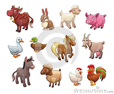 Set of cute cartoon farm animals. Vector Illustration