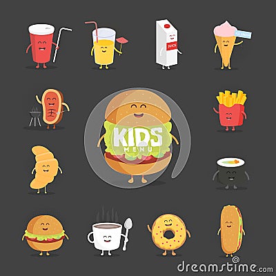 Set of cute cartoon fast food characters . French fries , pizza , donut , hot dog , popcorn , hamburger , cola Vector Illustration