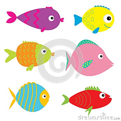 Set of cute cartoon fishes. Isolated. Vector Illustration