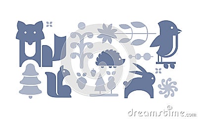 Flat vectoe set of cute forest elements. Wild animals, seeds, trees and leaves. Design for postcard or children book Vector Illustration