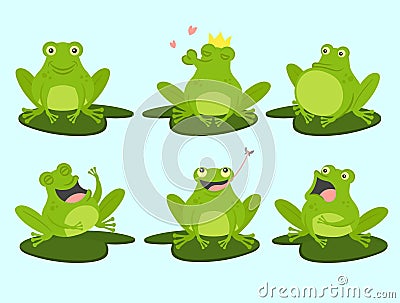 Set of cute cartoon frogs. Cute, croaking, in love, laughing, frightened, hungry. Vector Illustration