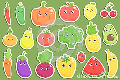 Set of cute cartoon fruits and vegetables stickers. Vector flat Cartoon Illustration