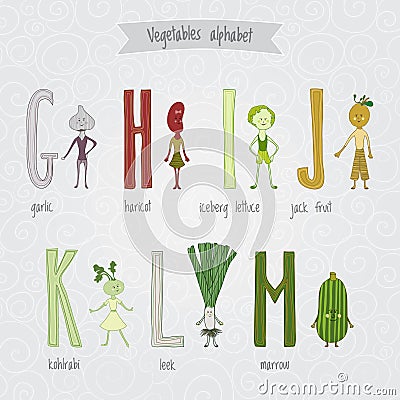 Set with cute cartoon funny vegetables alphabet Vector Illustration