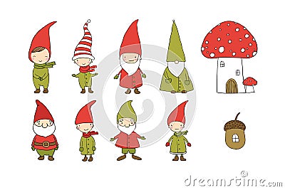 Set of cute cartoon gnomes. Funny elves. Hand drawing isolated objects on white background. Vector illustration. Vector Illustration