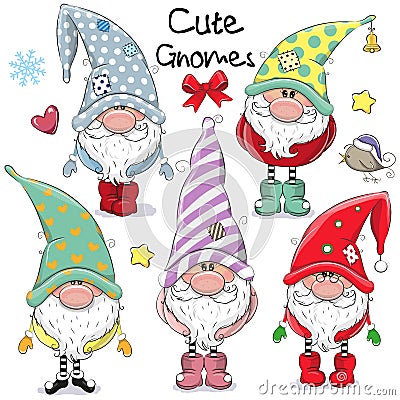 Set of Cute Cartoon Gnomes Vector Illustration