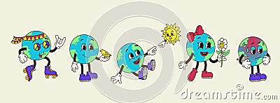 Set cute cartoon groovy planets in retro style 60s 70s. Vector Illustration