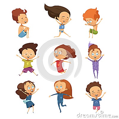 Set Of Cute Cartoon Jumping Kids Vector Illustration