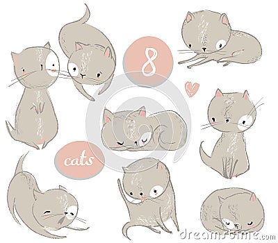 Set with cute cartoon kitten Vector Illustration